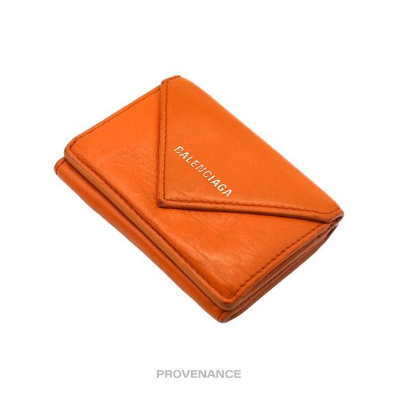🔴 Balenciaga Logo Print Trifold Wallet - Orange Leather - Picture 4 of 8